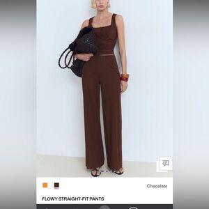 Chocolate Flowy Straight-Fit Pants Mango Size L NWT